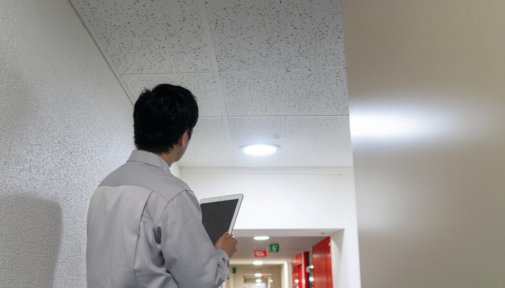 ビルの廊下でタブレットを手に天井設備を点検する作業員