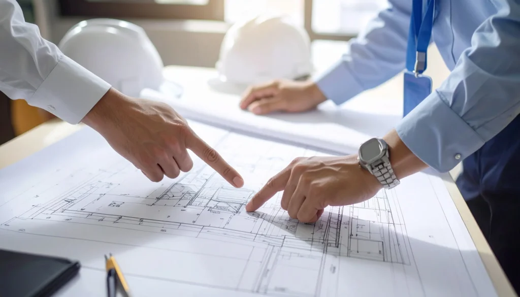 図面を見ながら指差しで確認する打ち合わせのイメージ