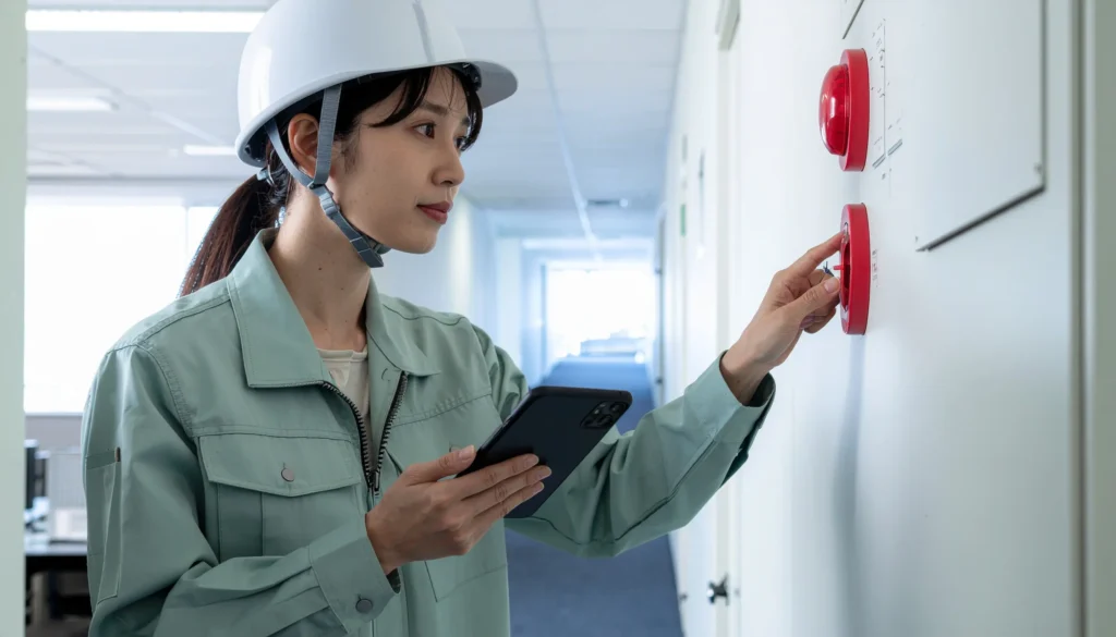 非常ベルを点検する作業員が受信機のボタンを確認している