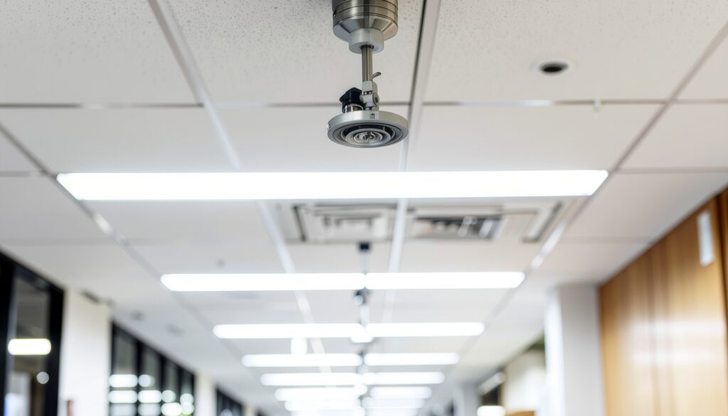 天井に設置されたスプリンクラーヘッドのクローズアップ
