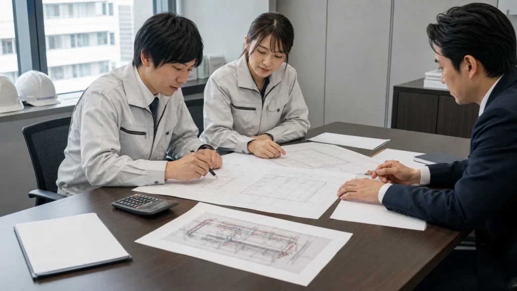 スプリンクラー工事の資料を確認する担当者