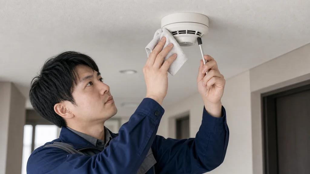 火災感知器の点検をしている様子