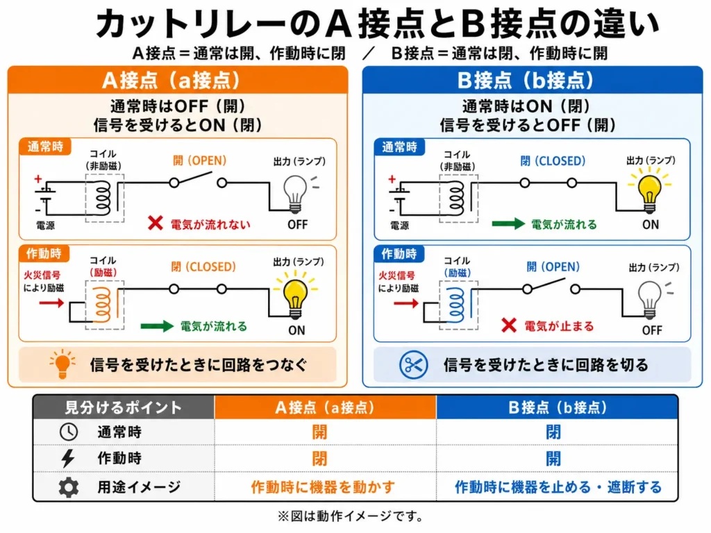 カットリレーのA接点とB接点の違い